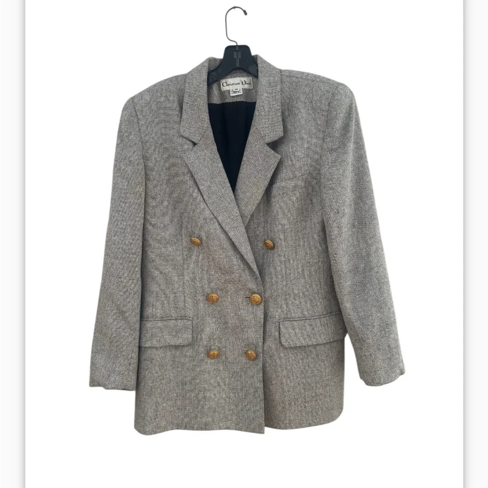 Dior Double-Breasted Gray Tweed Blazer with Gold Buttons